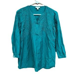 J. Jill Embroidered Tunic Top Teal 3/4 Sleeve Blouse Size‎ XS
